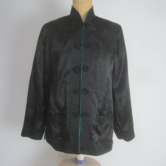 Vtg Solz Squirrel Womens M Turquoise Black Reversible Kimono Satin Jacket Blazer - Picture 2 of 13